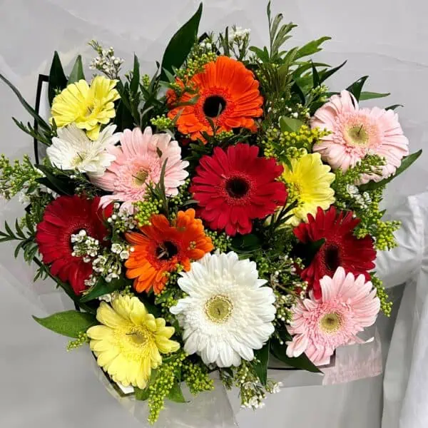 זר פרחים צבעוני במיוחד. שזזור ממגוון גרברות בצבעים שונים כמו אדום, צהוב, ורוד, לבן וכתום. צבע הפרחים משתנה בהתאם למלאי החנות. הפרחים צולמו ממבט על.