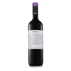 יין אדום יקב מוני מיוצר מענבי שיראז. בקבוק שחור עם מדבקה לבנה ופקק סגול. 750 מ"ל. כהל בנפח 13%.