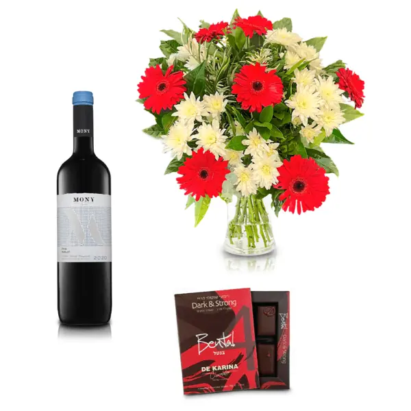 זר פרחים אדום לבן עם יין אדום מרלו ושוקולד מריר.