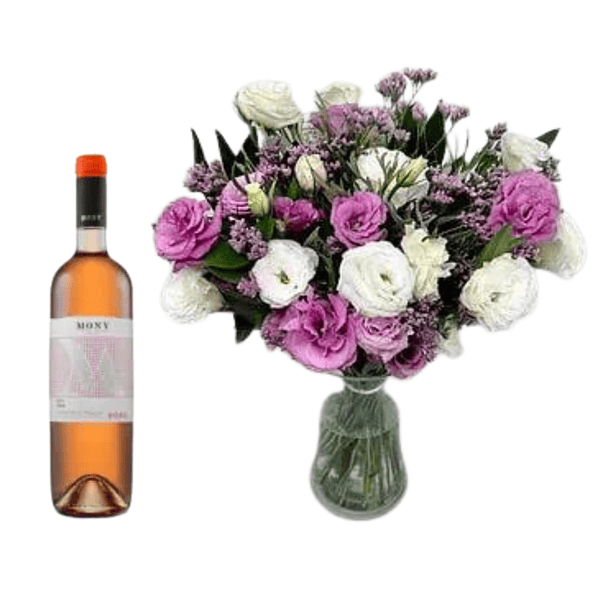 זר פרחים ורוד לבן שזור מליזיאנטוס לבן וורוד בשילוב יין רוזה של יקב מוני.